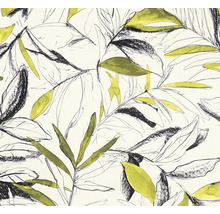 Vliesová tapeta s botanickým vzorem listů v ručně kresleném stylu s akvarelovými detaily.