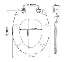 Technický nákres záchodového sedátka s rozměry