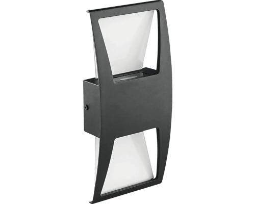 Černé nástěnné svítidlo s nepřímým osvětlením pro venkovní použití.