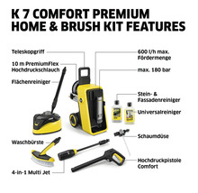 Vysokotlaký čistič Kärcher K 7 Comfort Premium Home s příslušenstvím, jako je teleskopická rukojeť, vysokotlaká hadice, čistič ploch, mycí kartáč, multi jet, čistič kamene a fasád, univerzální čistič, pěnová tryska a...