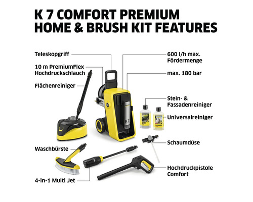 Vysokotlaký čistič Kärcher K 7 Comfort Premium Home s příslušenstvím, jako je teleskopická rukojeť, vysokotlaká hadice, čistič ploch, mycí kartáč, multi jet, čistič kamene a fasád, univerzální čistič, pěnová tryska a...