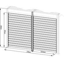 Obrázek zástěny se zobrazenými rozměry 220 cm výška, 278 cm šířka a 135,5 cm hloubka.