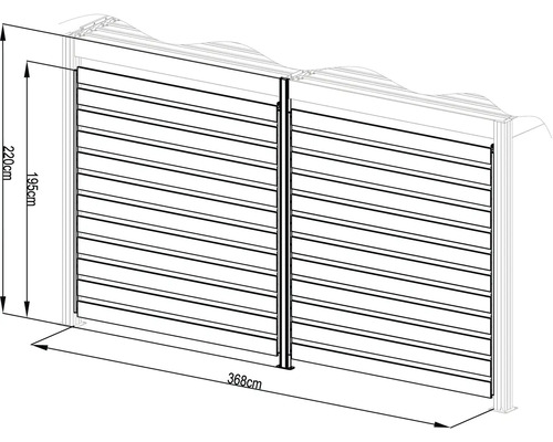 Nákres plotu s vodorovnými lamelami, rozměry 220 cm výška a 368 cm délka