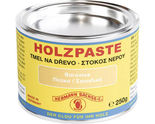 Tmel na dřevo borovice Hermann Sachse a Co v 250 gramové dóze pro opravu dřevěných povrchů.