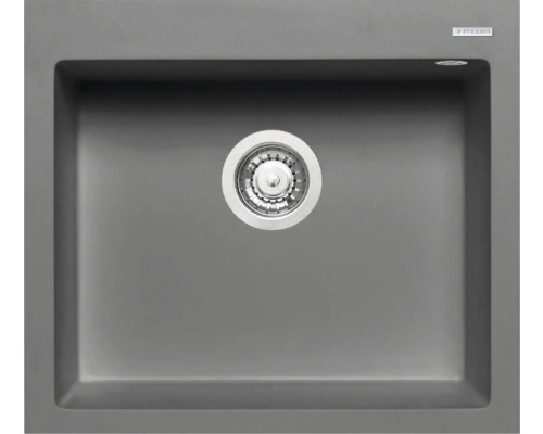 Samostatný šedý kuchyňský dřez s odtokem a logem Pyramis