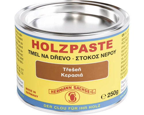 Tmel na dřevo Hermann Sachse pro opravu poškozeného dřeva v odstínu třešeň, dóza o hmotnosti 250 gramů.