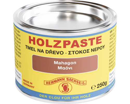 Tmel na dřevo Hermann Sachse a Co mahagon, dóza 250 gramů, Hermann Sachse a Co Logo, Pečeť Vyrobeno v Německu.