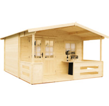 Dřevěný zahradní domek s verandou, dveřmi a okny