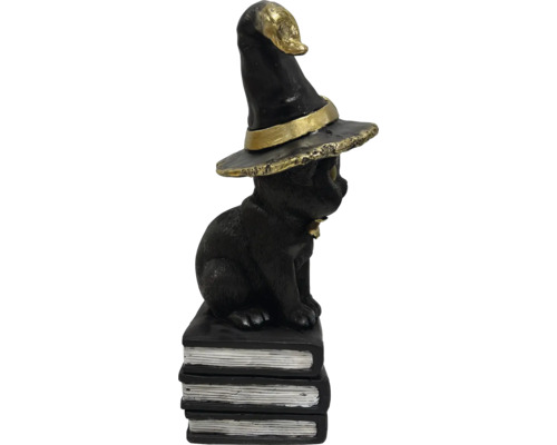 Dekorativní halloweenská figurka: Černá kočka s čarodějnickým kloboukem na stohu knih