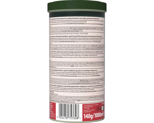 Zadní strana obalu Tetra Pond Koi Sticks se složením, pokyny ke krmení, čárovým kódem, symbolem recyklace a Tetra Logo.