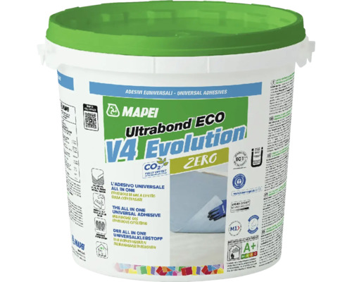 Bílý kbelík univerzálního lepidla Mapei Ultrabond ECO V4 Evolution se zeleným víkem.