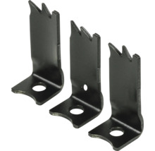 Tři kovové rohové spojky se zuby pily a otvory