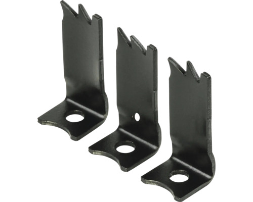 Tři kovové rohové spojky se zuby pily a otvory