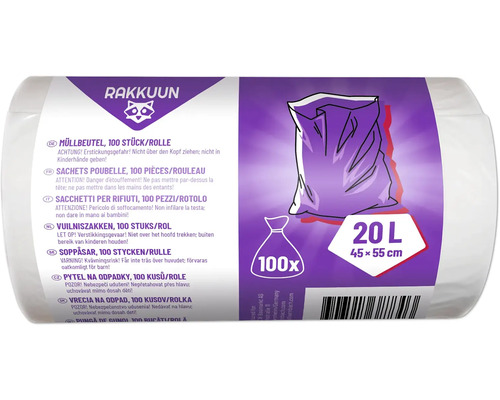 Role pytlů na odpadky se 100 kusy, objem 20 litrů a rozměry 45 x 55 cm