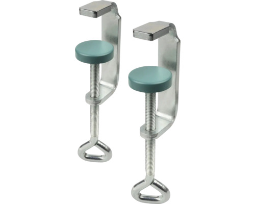 Dvě kovové šroubové svěrky s kulatými přítlačnými talíři a kruhovými rukojeťmi.