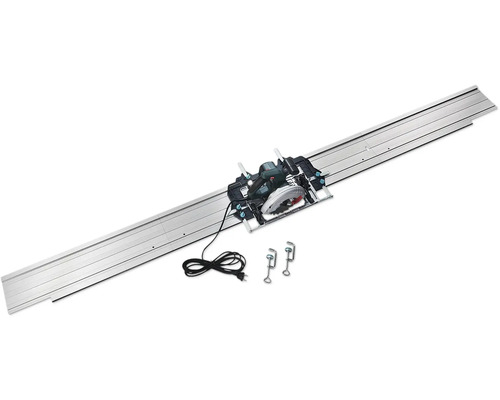 Ruční okružní pila na kovové vodicí liště se dvěma svěrkami a připojovacím kabelem.