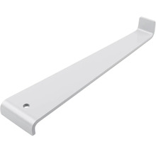 Robustní kovový nosník police se závěsným hákem a montážním otvorem.