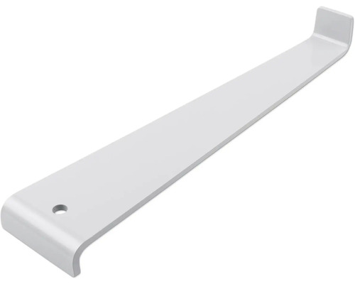 Robustní kovový nosník police se závěsným hákem a montážním otvorem.