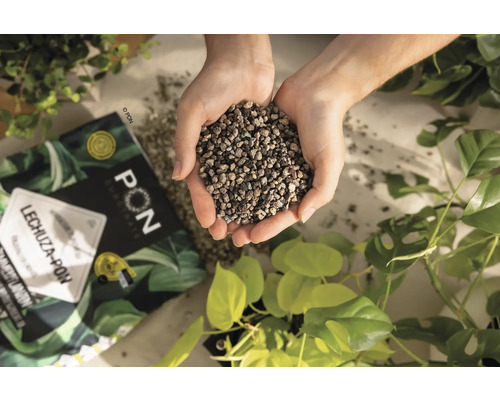 Hrst rostlinného substrátu Lechuza Pon nad balením a rostlinami