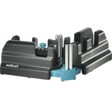 Pokosnice a úhlová měrka Wolfcraft z plastu s kovovými vodicími kolíky pro přesné řezání úhlů.