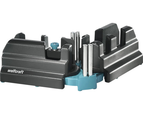 Pokosnice a úhlová měrka Wolfcraft z plastu s kovovými vodicími kolíky pro přesné řezání úhlů.