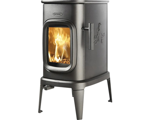 Kamna z litiny s hořícím dřevem a logem Dovre