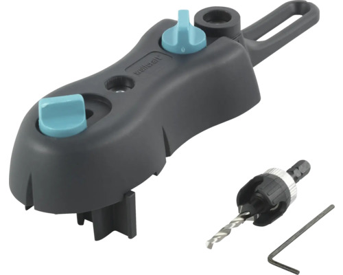 Sada Wolfcraft Undercover Jig obsahující vrtací šablonu, stupňovitý vrták s hloubkovým dorazem a imbusový klíč pro skryté šroubové spoje.