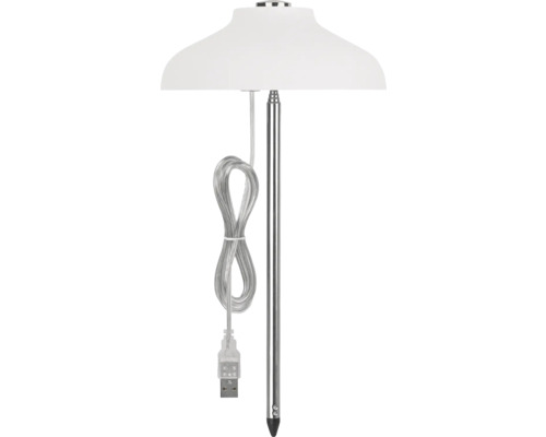 Bílá stojací lampa s USB kabelem a stříbrným stojanem