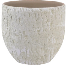 Kulatý květináč z keramiky se strukturovaným, hrubým povrchem.