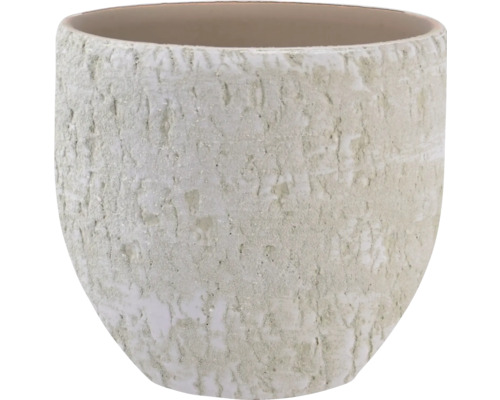 Kulatý květináč z keramiky se strukturovaným, hrubým povrchem.
