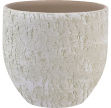 Kulatý keramický obal na květináč se strukturovaným povrchem ve vzhledu kamene.