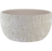 Kulatý květináč se strukturovaným povrchem v kamenném vzhledu.