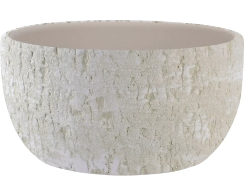 Kulatý květináč se strukturovaným povrchem v kamenném vzhledu.