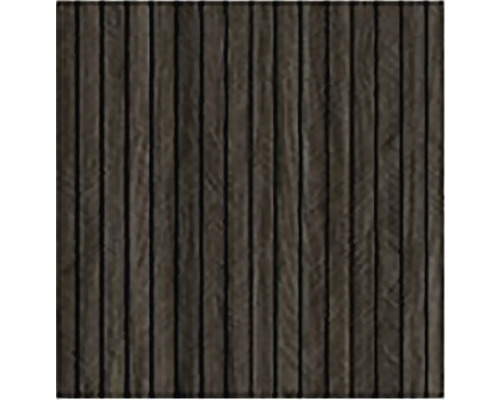 Nástěnný panel v tmavém dekoru dřeva se svislými lamelami.