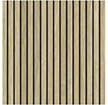 Akustický panel s vertikálními dřevěnými lamelami na plstěné podložce pro zvukovou izolaci a dekoraci stěn.