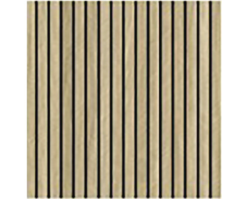 Akustický panel s vertikálními dřevěnými lamelami na plstěné podložce pro zvukovou izolaci a dekoraci stěn.