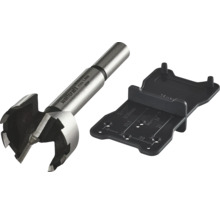 Forstnerův vrták Wolfcraft o průměru 35 milimetrů a černá značkovací šablona pro miskové závěsy.