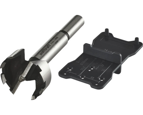 Vrták Forstnerův Wolfcraft Ø 35mm + vrtací pomůcka Forstnerův vrták Wolfcraft o průměru 35 milimetrů a černá značkovací šablona pro miskové závěsy.