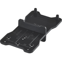 Černá plastová vrtací šablona a značkovací pomůcka pro montáž nábytku s milimetrovými rozměry.