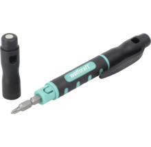 Černo-tyrkysový šroubovák Wolfcraft ve tvaru pera s bitem a samostatnou krytkou, včetně kapesního klipu a ergonomické rukojeti.