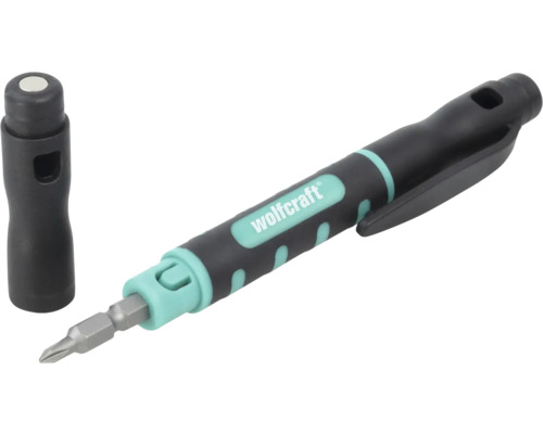 Černo-tyrkysový šroubovák Wolfcraft ve tvaru pera s bitem a samostatnou krytkou, včetně kapesního klipu a ergonomické rukojeti.