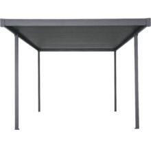 Kovový altán s obdélníkovou střechou a čtyřmi podpěrnými sloupky.