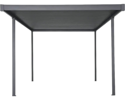 Kovový altán s obdélníkovou střechou a čtyřmi podpěrnými sloupky.