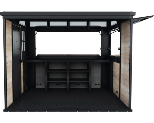 Otevřený zahradní bar s policemi a bočními dveřmi