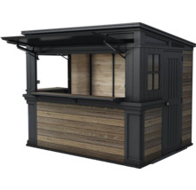 Prodejní stánek s dřevěným obkladem a výklopným oknem