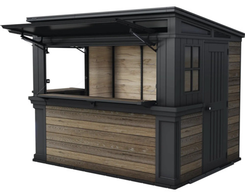 Prodejní stánek s dřevěným obkladem a výklopným oknem