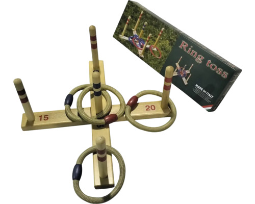 Hra s házením kruhů s dřevěným křížem, tyčemi, kruhy a balením hry