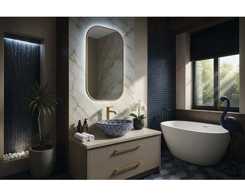 Moderní koupelna s umyvadlem, zrcadlem, vanou a dekorací