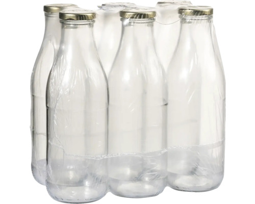 Šest prázdných skleněných lahví s uzávěrem zabalených ve fólii