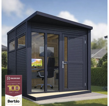 Černá zahradní kancelář s okny, dveřmi a vybavením na trávníku